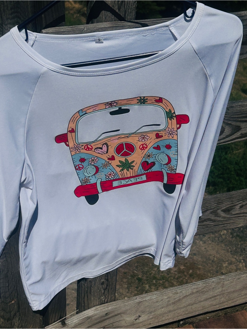 Women's White Long Sleeve Tee with Colorful Peace Van Graphic